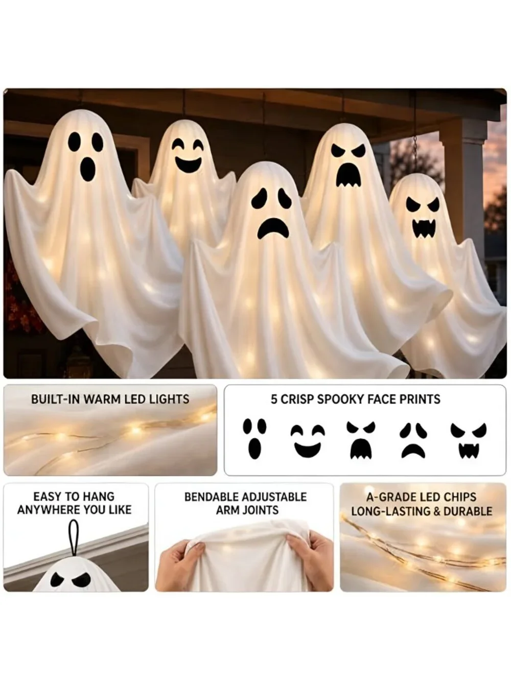 5 Pack Halloween LED Light Up Hanging Ghost Outdoor Decorations with Timer